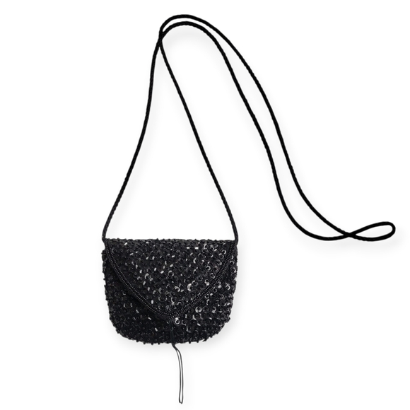 Vintage Handbags - Vintage Tiny Sequined Evening Crossbody Mini Bag Black
